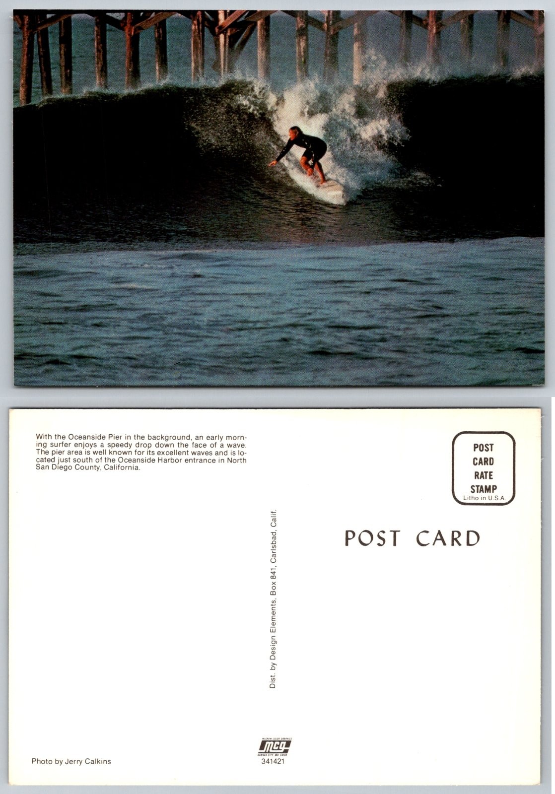 Continental Oceanside California Pier Surfing Jerry Calkins Postcard