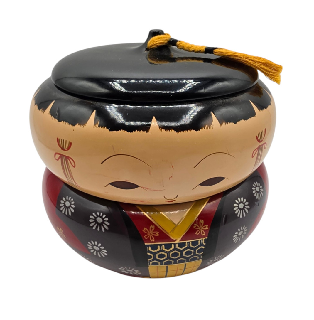 Vintage Japanese Lacquerware Kokeshi Doll Stacking Bowls Bento Box w/ Hat- Black