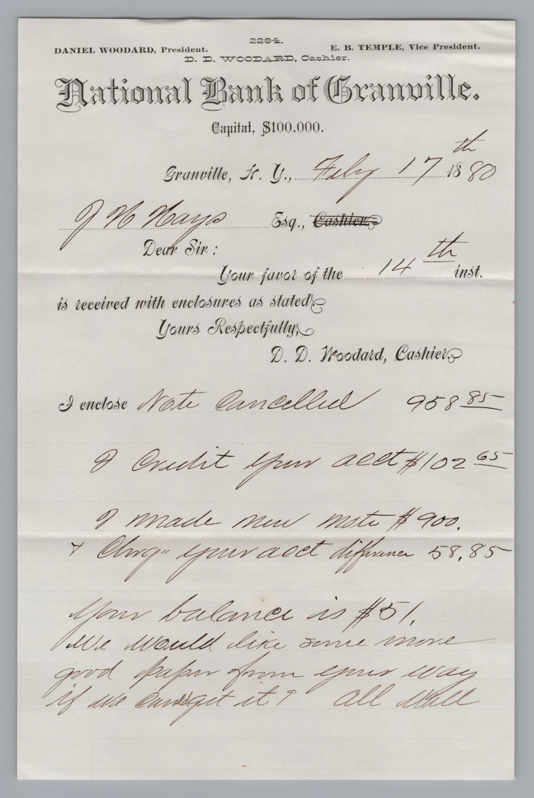 1881 National Bank of Granville NY Letterhead Charter 2294 Woodard Signed Scrip