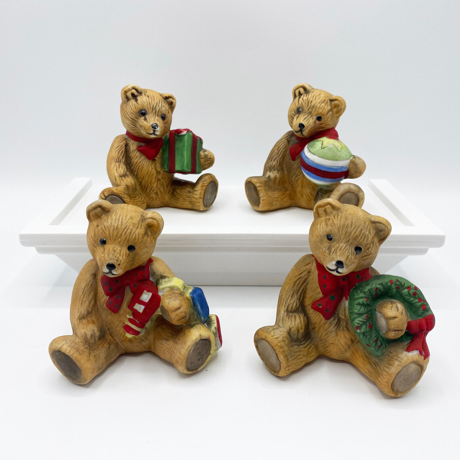 FLAMBRO Vintage Set of 4 Christmas Porcelain Bear Figurines - Toys Wreath Gifts