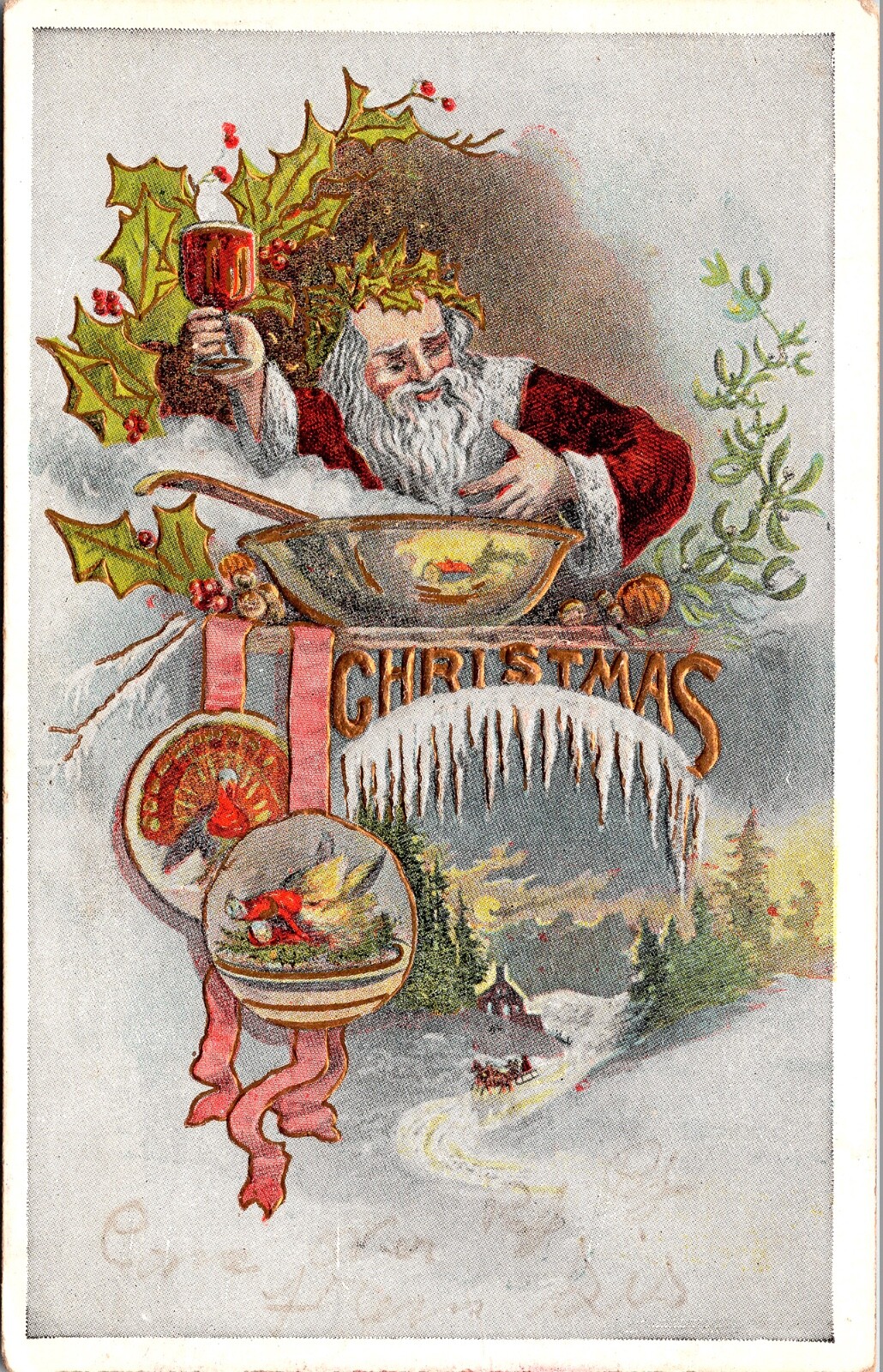 Vintage 1910\'s Santa Claus Drinking Wine & Getting Drunk Christmas Postcard RARE