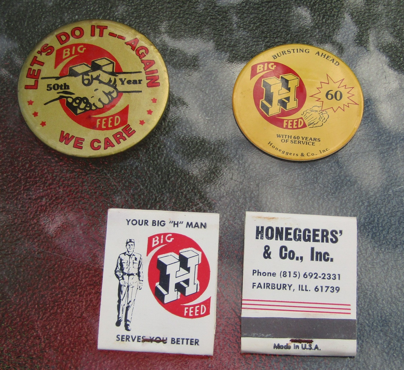 (4) Vintage Honneggers Big H Feed Advertising Items UNUSED Fairbury Illinois (4) Vintage Honneggers Big H Feed Advertising Items UNUSED Fairbury Illinois