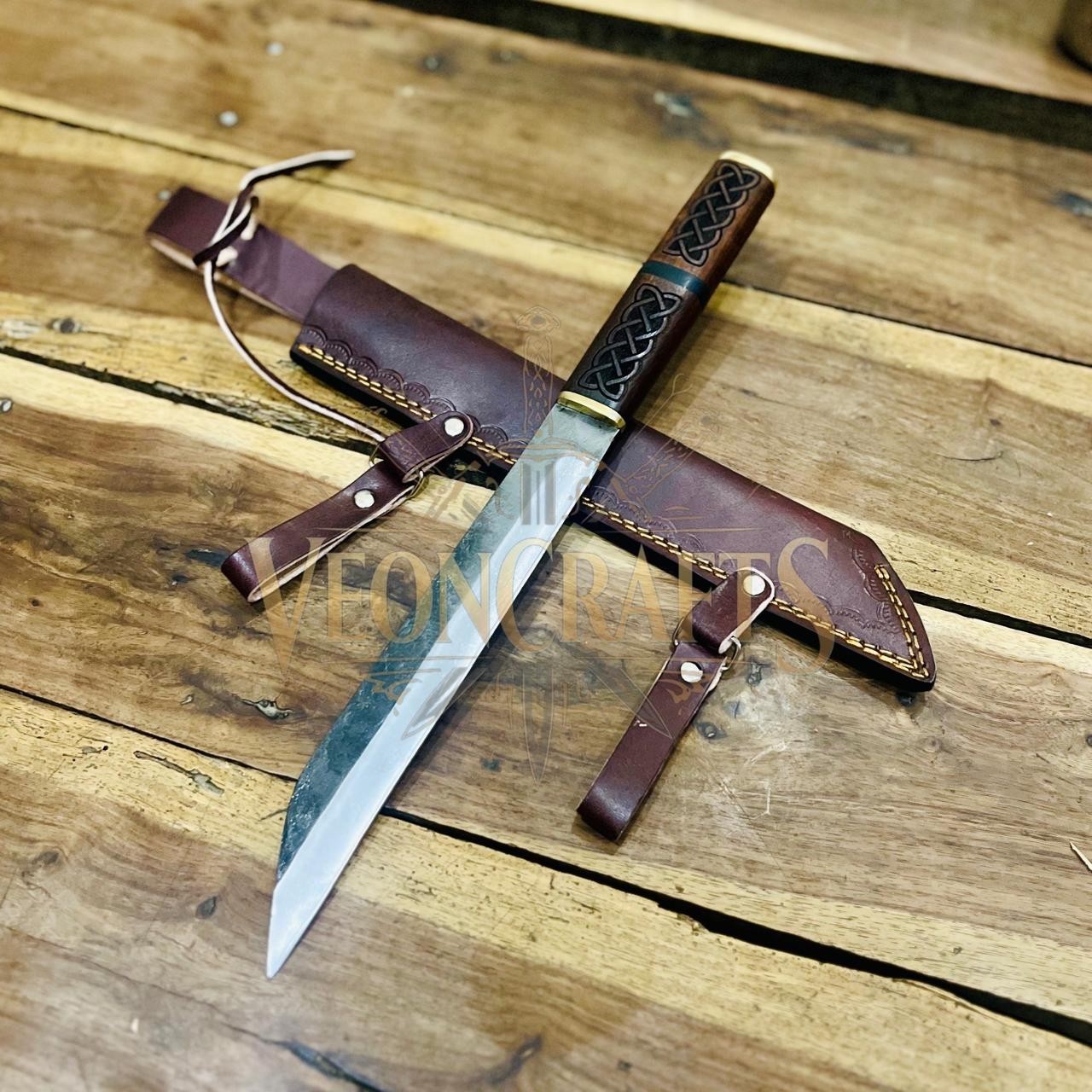 Hand Forged Viking Seax Knife Celtic Knot Rose Wood Handle & Leather Sheath