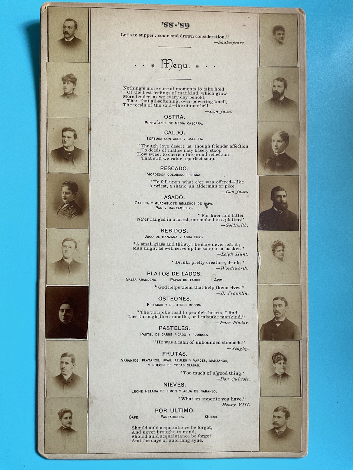 1888-1889 Collectible Paper Menu Card, Portrait Photo Border, Handwritten Page
