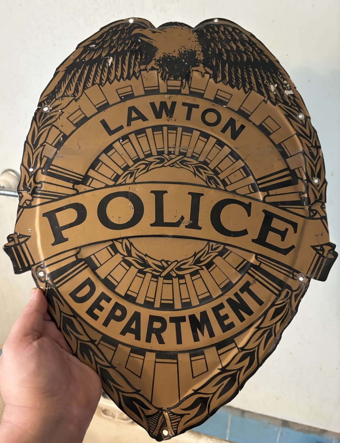 Rare Original 1950s Lawton, Oklahoma Police Car Door Metal Sign. 14x19 Rare Original 1950s Lawton, Oklahoma Police Car Door Metal Sign. 14x19