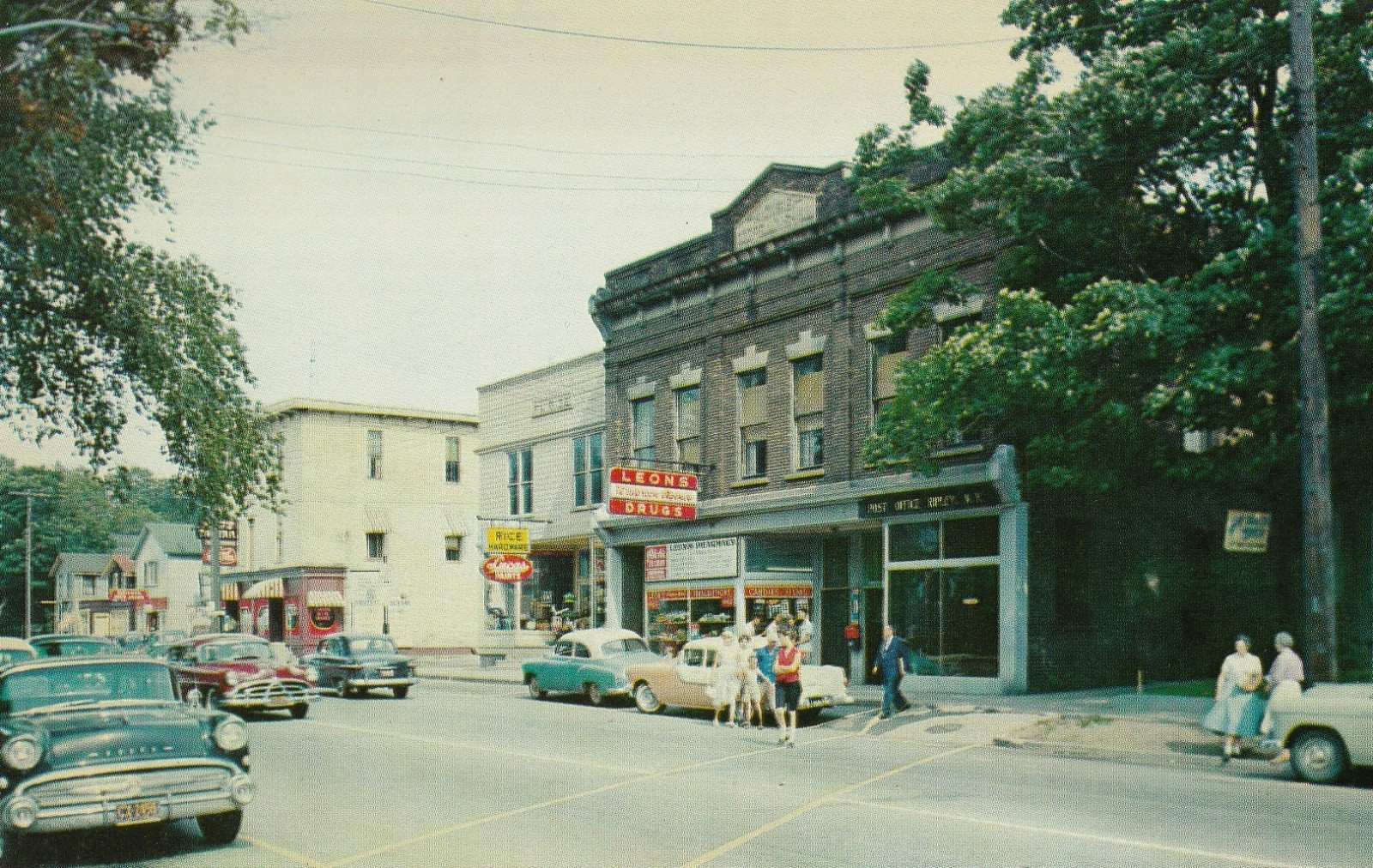 Vintage Main Street Ripley New York Postcard 1950s Cars Leon\'s Drugs