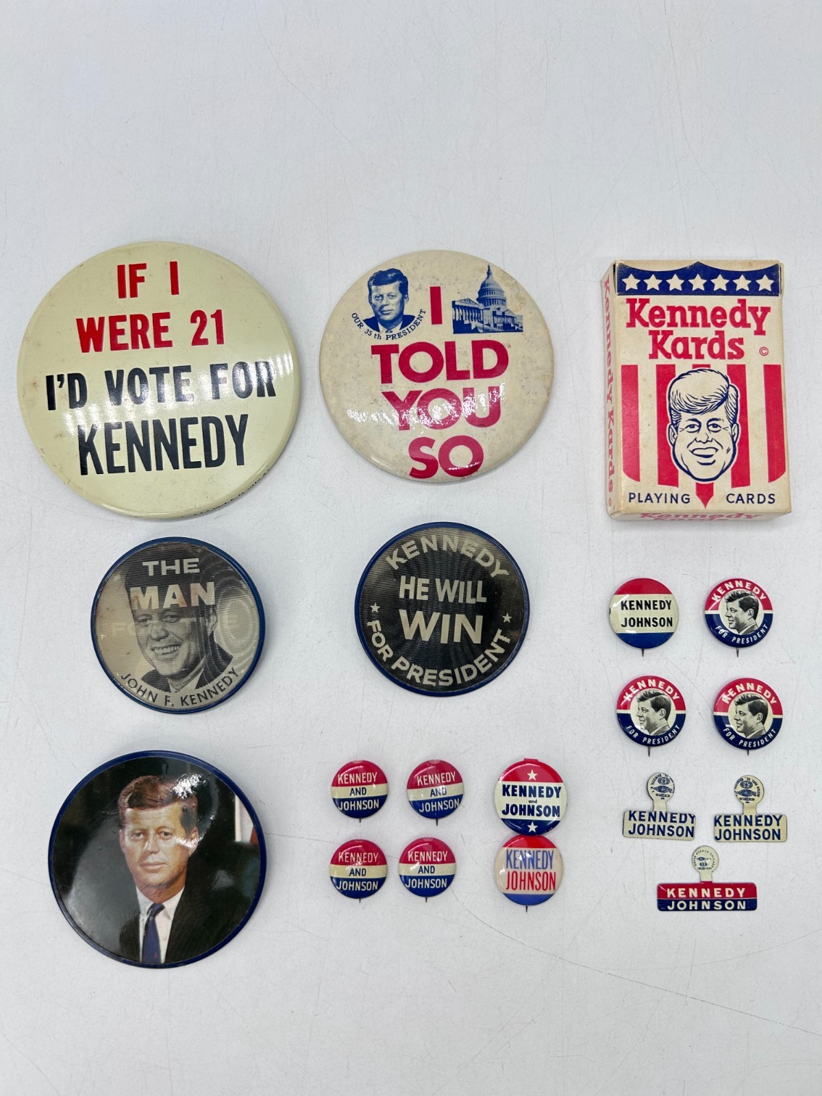 Vintage 1960 JFK Kennedy Johnson 18 Campaign Buttons Pins Playing Cards Lot
