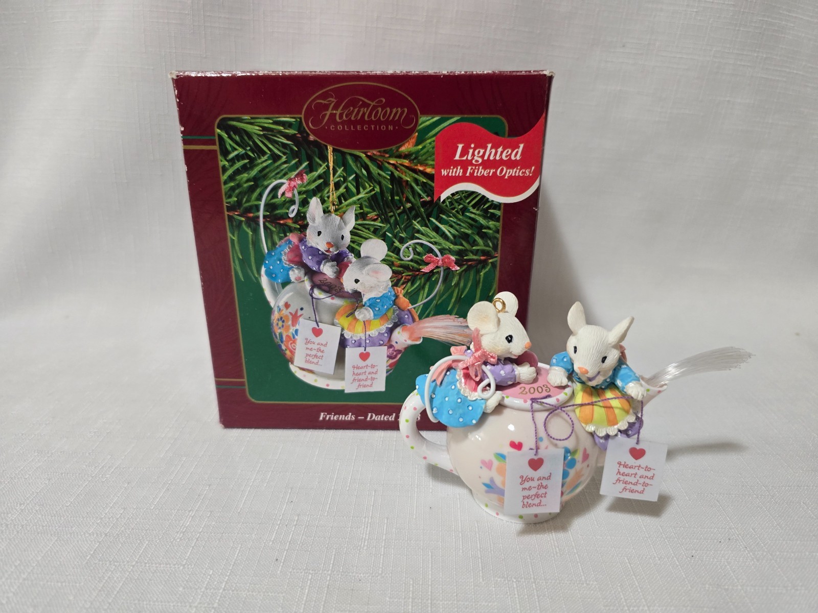 Carlton Heirloom 2003 Friends Mice Teapot Fiber Optics Lighted Ornament - Works