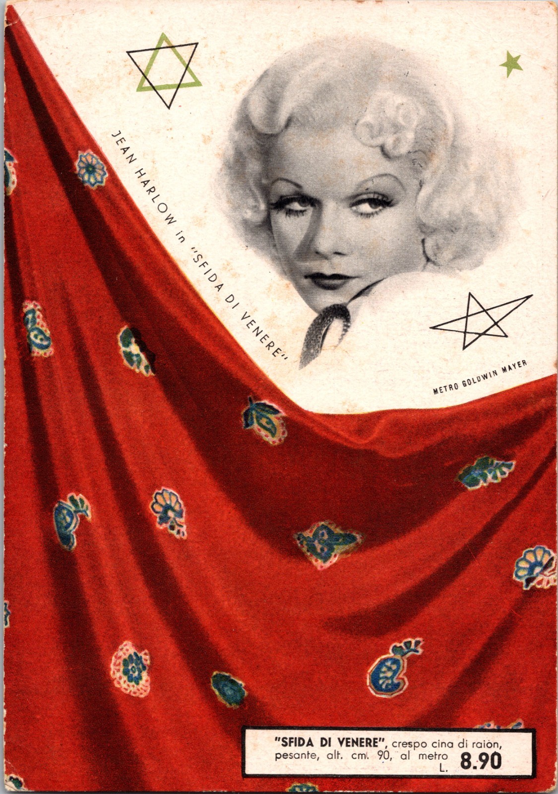 Jean Harlow Sfida di Venere MGM Italian Cinema Rayon Advertising Postcard