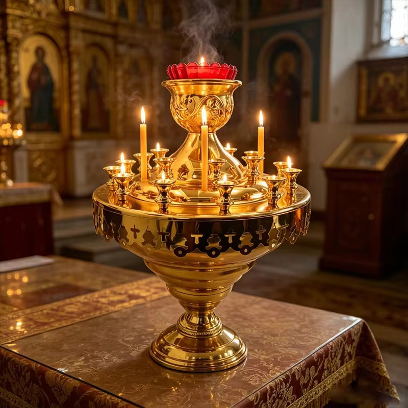 Handcrafted Gold Plated Orthodox Candelabra with Cross Cutouts for Church Liturg