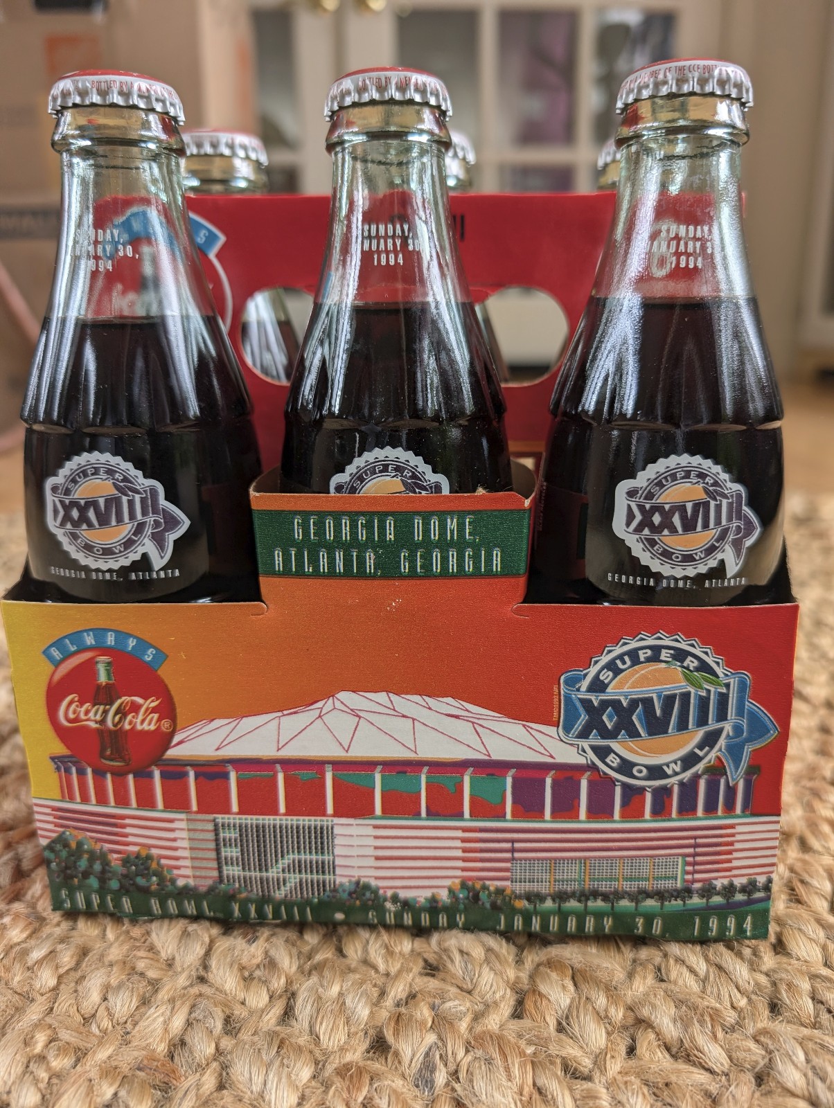 VTG 1994 Coca Cola Georgia Dome Atlanta Super Bowl date stamped bottles 6PK Full