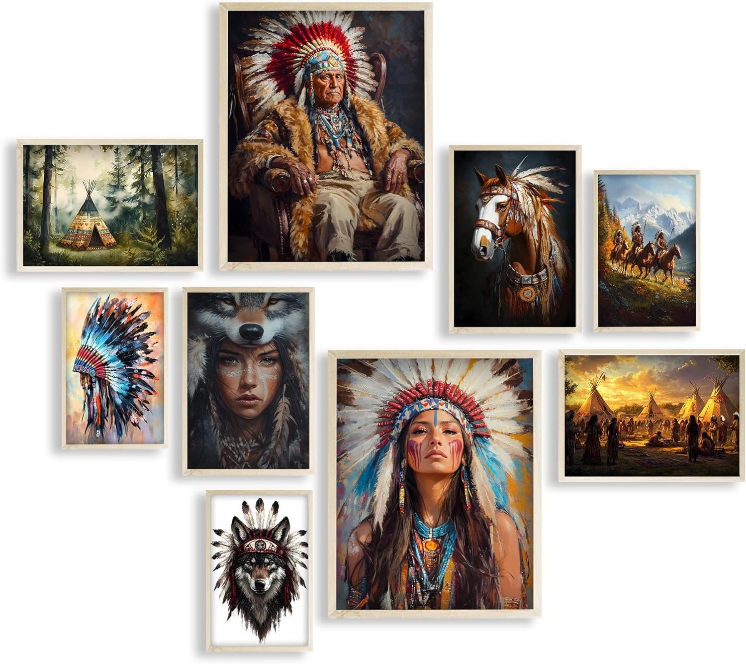 Eastern Print Native American Wall Art, Set Of 9 Pcs Unframed Posters, Native Am
