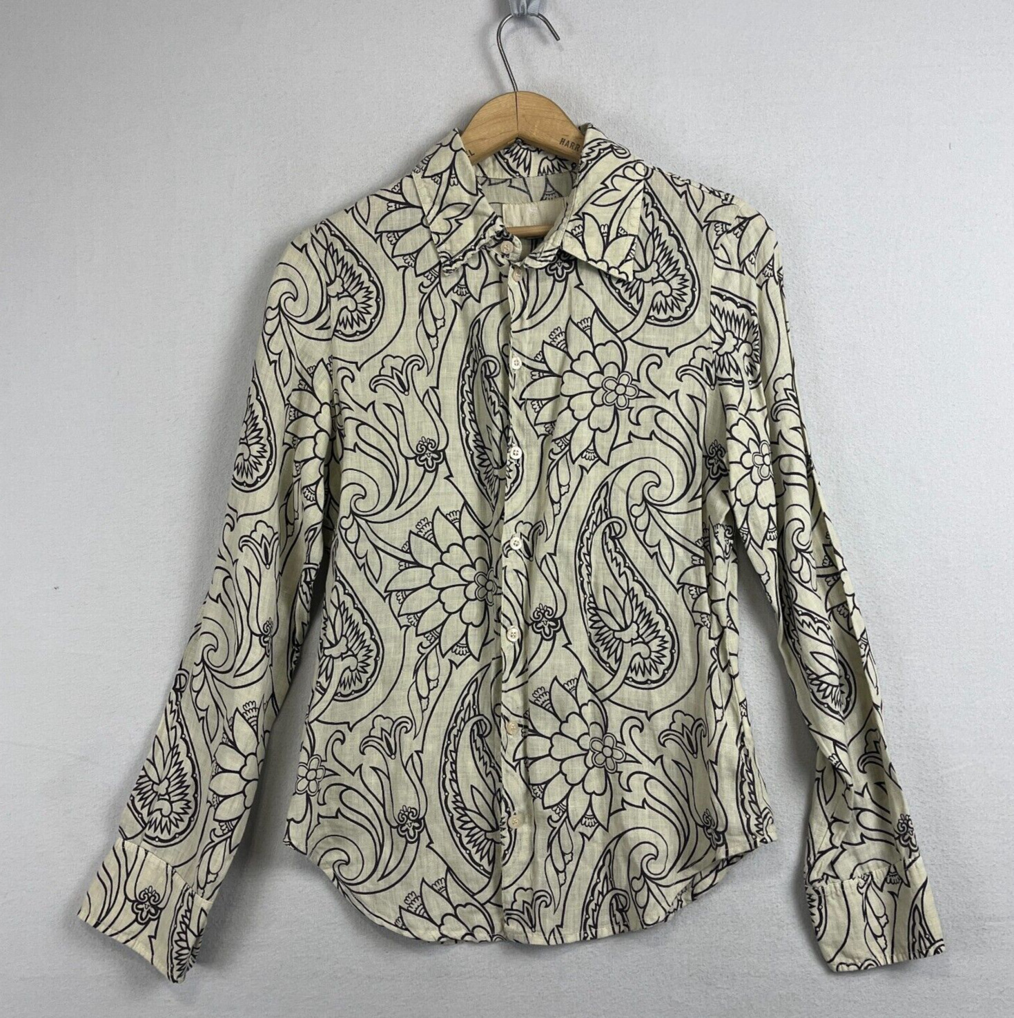 ETRO Long Sleeve 100% Linen Button Down Shirt Floral 42 6 Blouse Natural Paisley