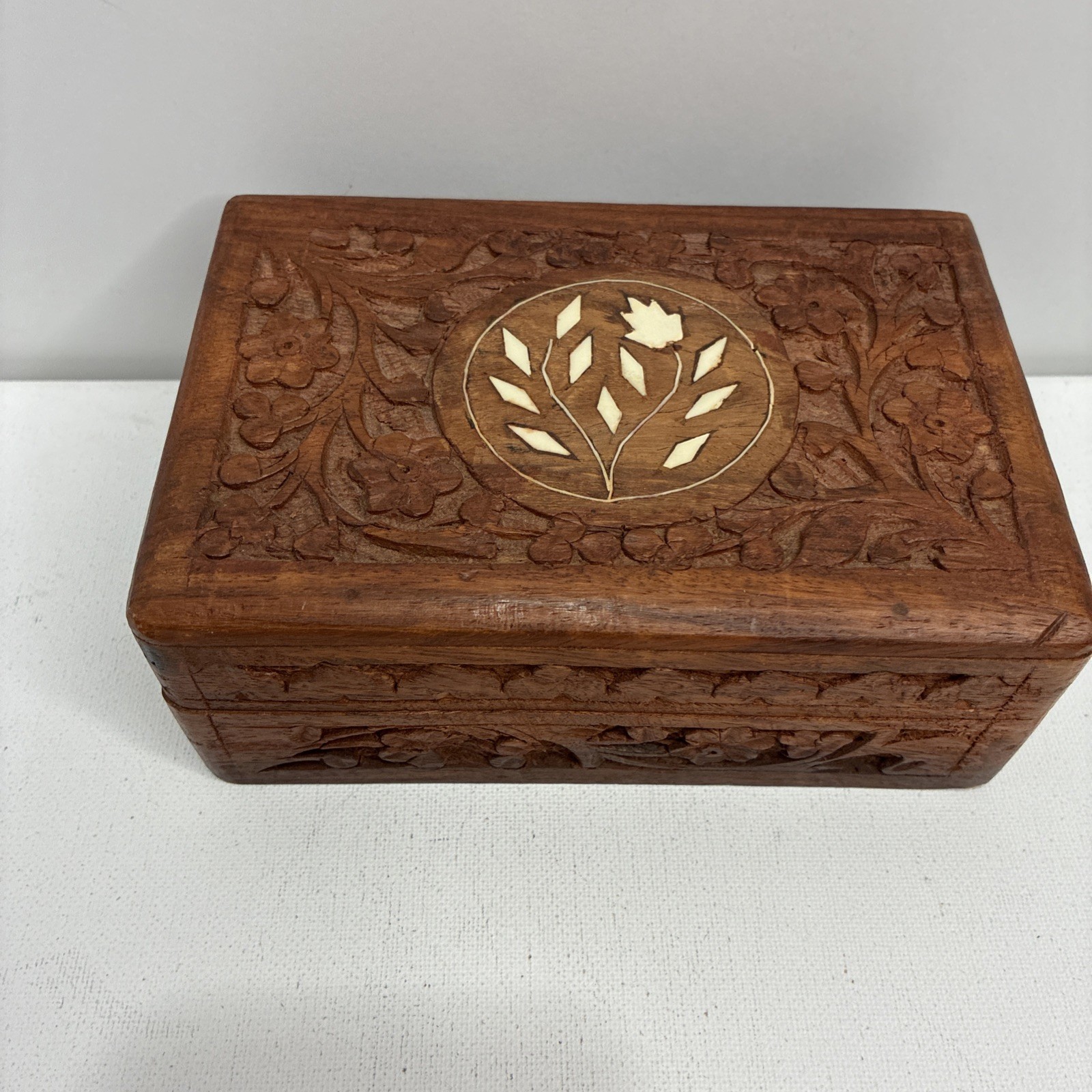 Vintage hand-carved wooden trinket/jewelry box, India, intricate floral carvings