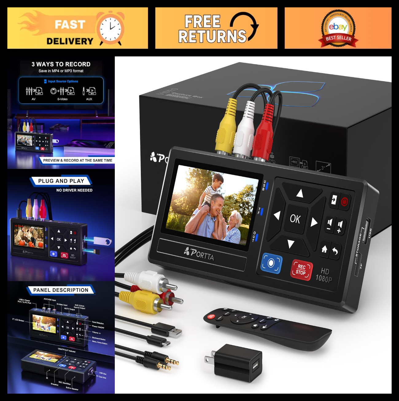 Portta VHS to Digital Converter, Video to Digital Recorder with Remote, Compatib