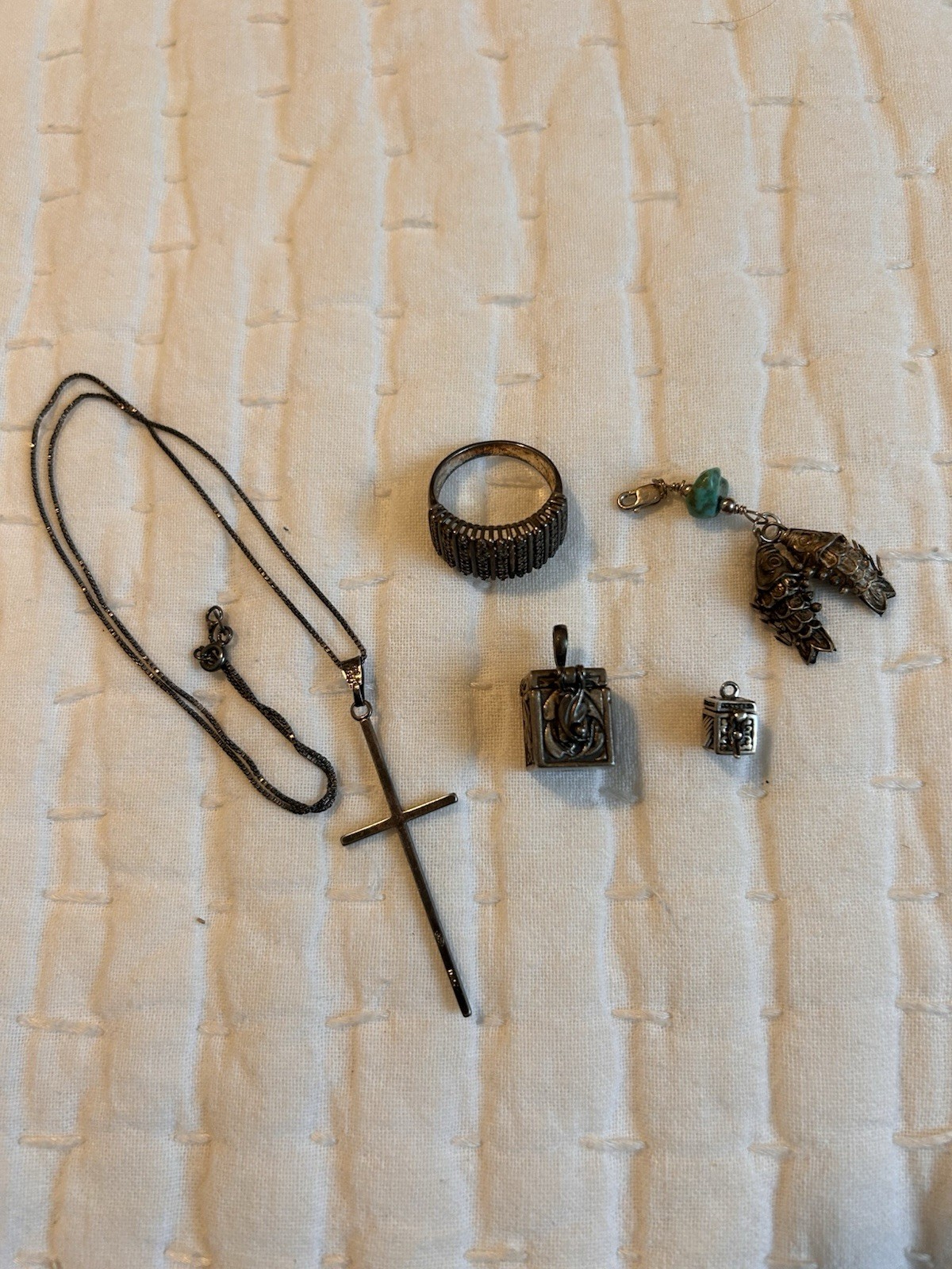 925 Sterling ~ Lot of Wish Box (prayer box) & Fish Charms, Cross Necklace, Ring