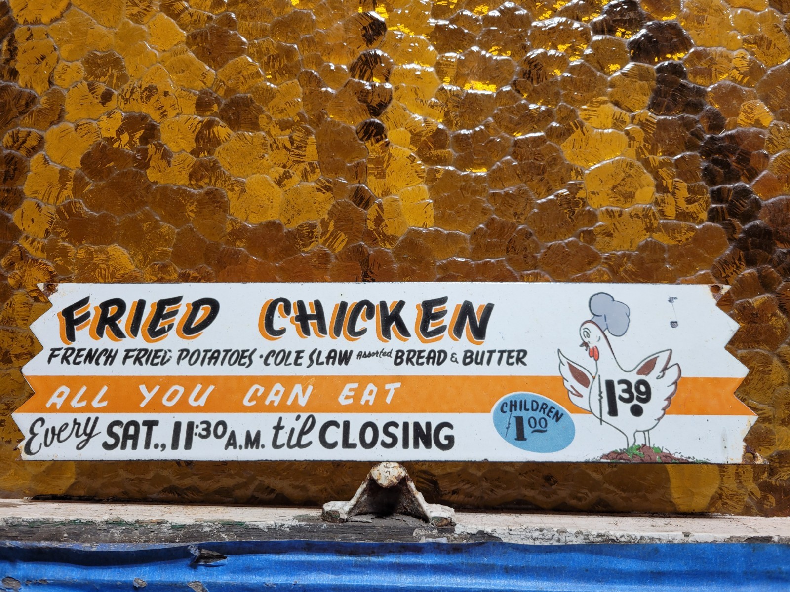 VINTAGE RESTAURANT PORCELAIN SIGN OLD FRIED CHICKEN ROOSTER HEN ALL YOU CAN EAT
