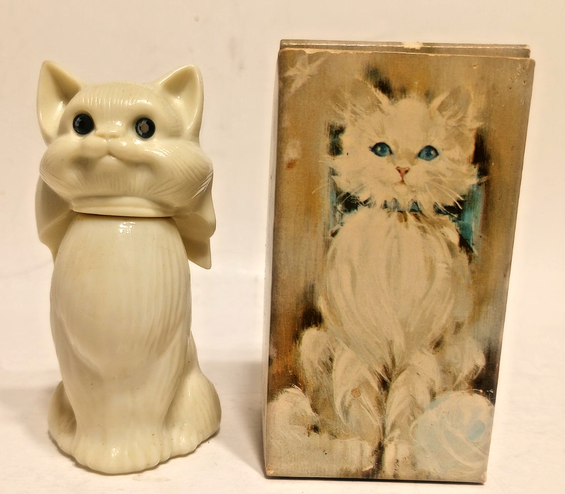New Vintage 1970’s Avon  BLUE EYES Sweet Honesty Cologne White Cat FULL  w/Box
