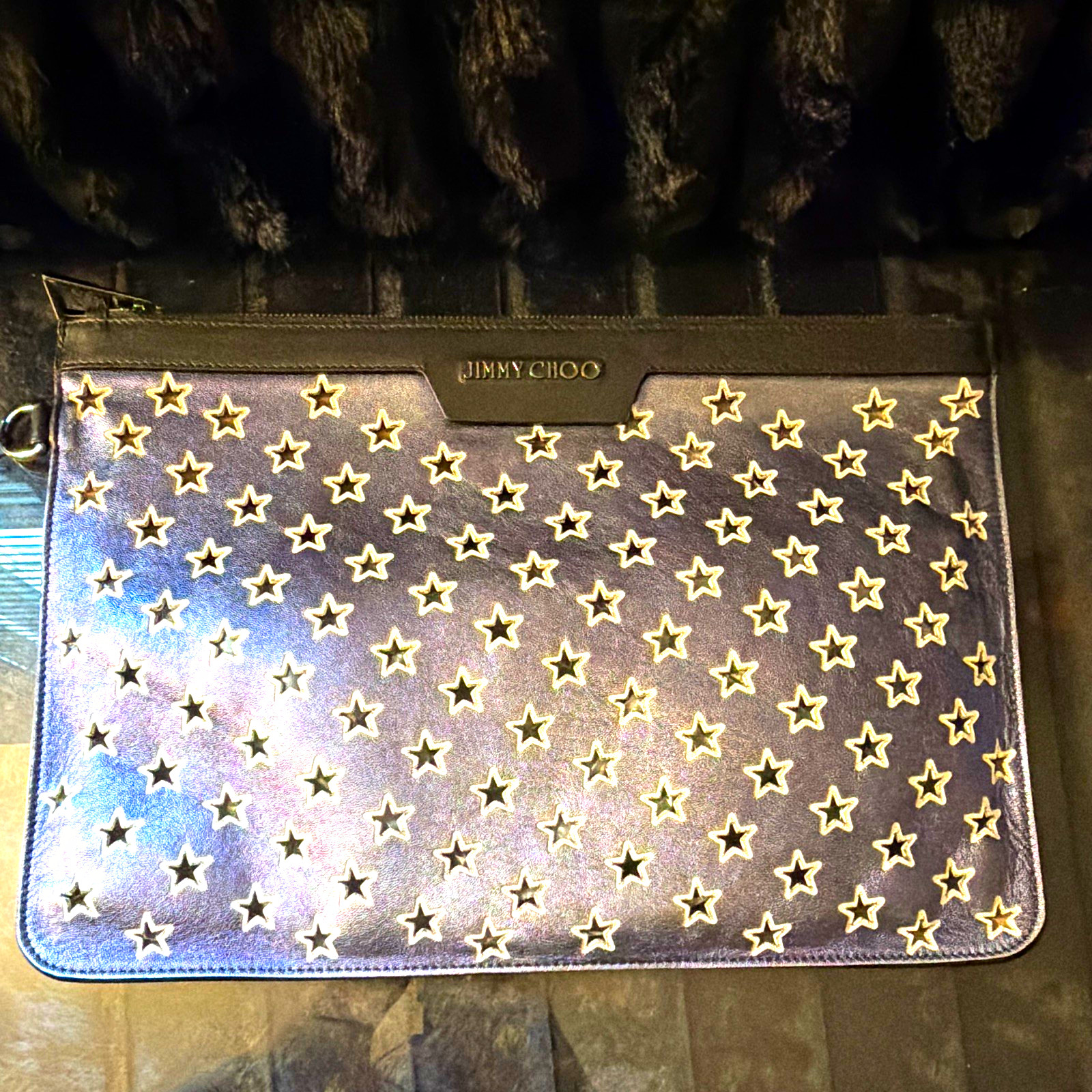 Jimmy Choo Black Zip Clutch Pouch Star Pattern Studded Accents Black Hardware Jimmy Choo Black Zip Clutch Pouch Star Pattern Studded Accents Black Hardware