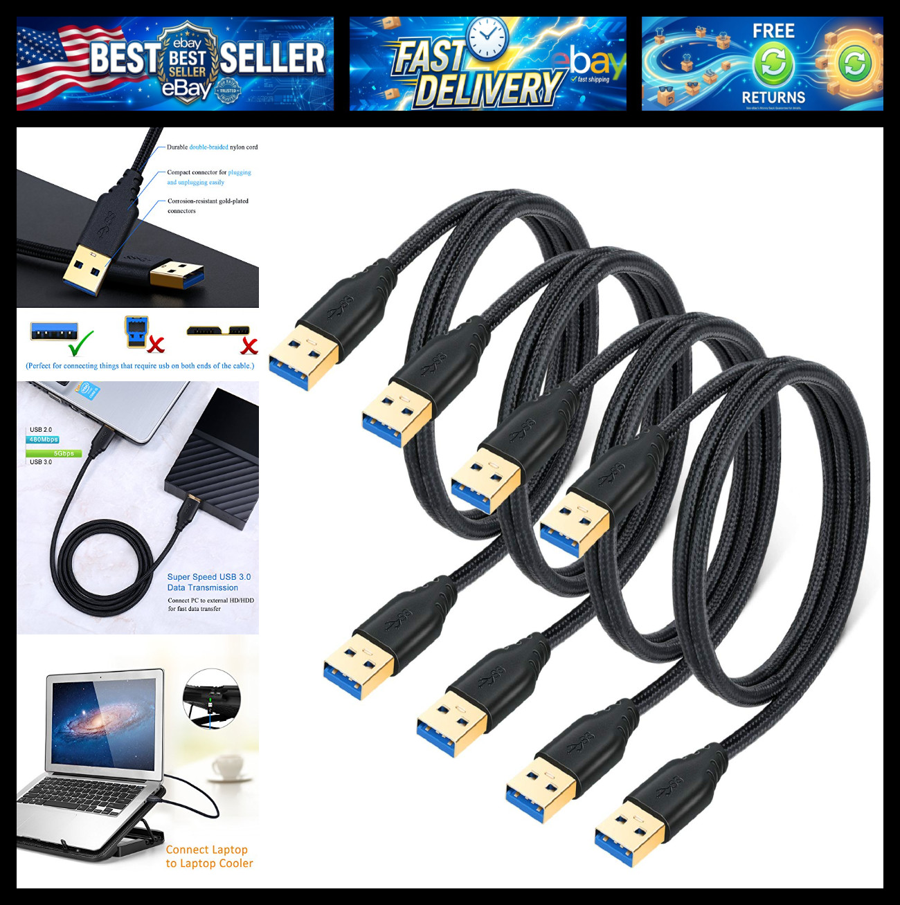 USB 3.0 A to A Cable, 4-Pack 1M/3Ft Short Type A Male to Male Braided USB Cable