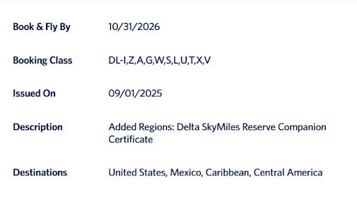Delta Reserve Companion Cert - First/Comfort/Main - Valid til 10/31/2026