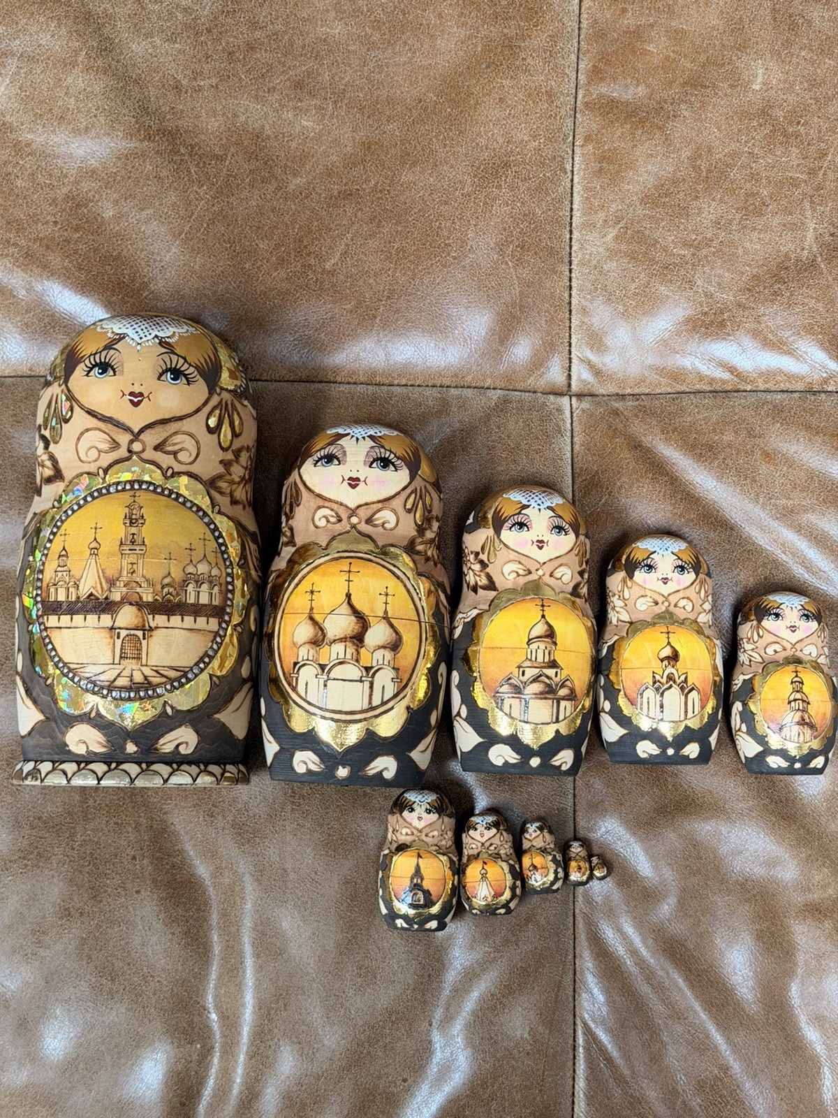 Vintage Russian Nesting Dolls Set of 10 Signed 1999 Sergiev Posad Gold Churches