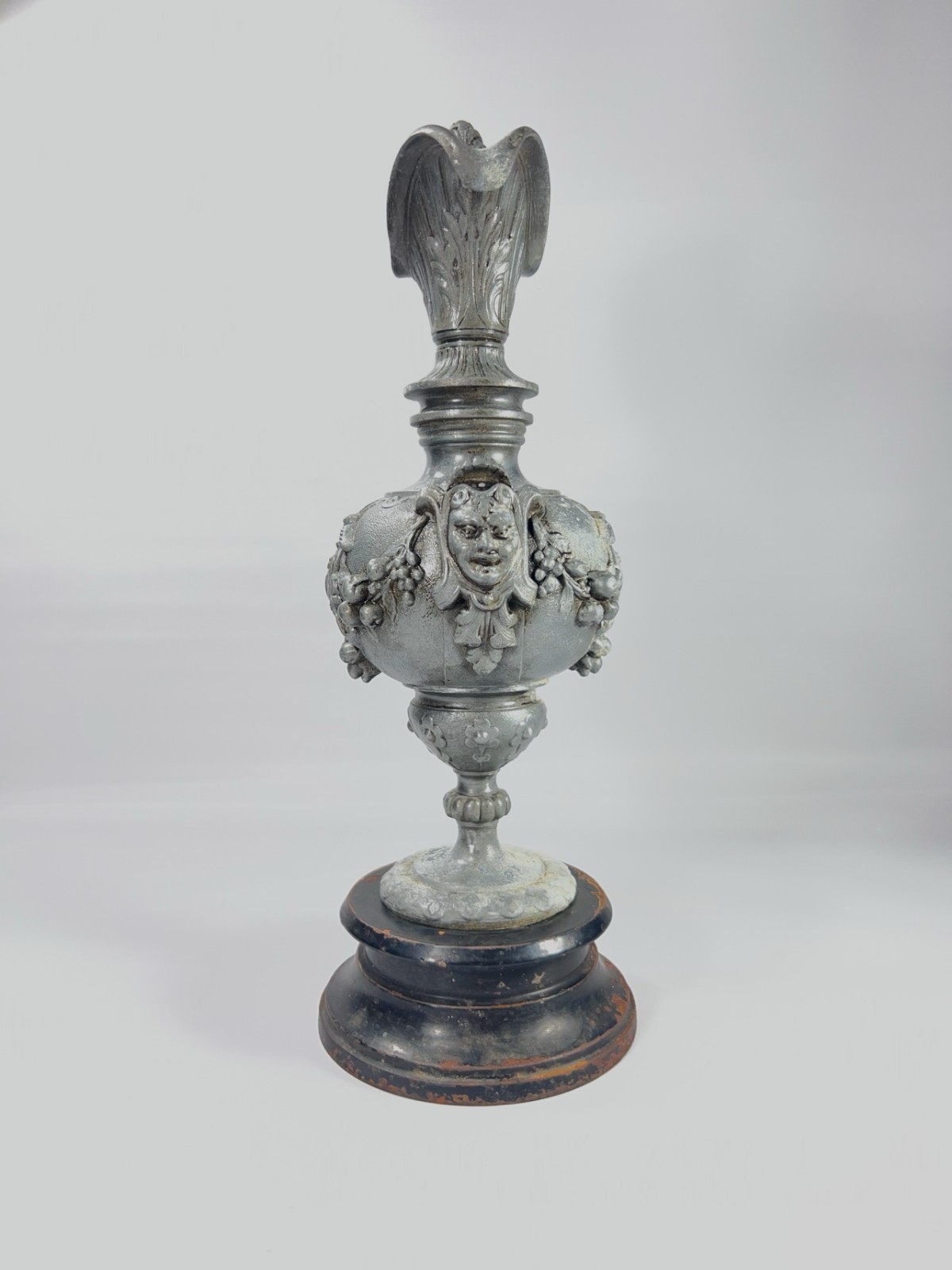Antique French Pewter Ewer Napoleon III Mask Mount Grape Swags 15in