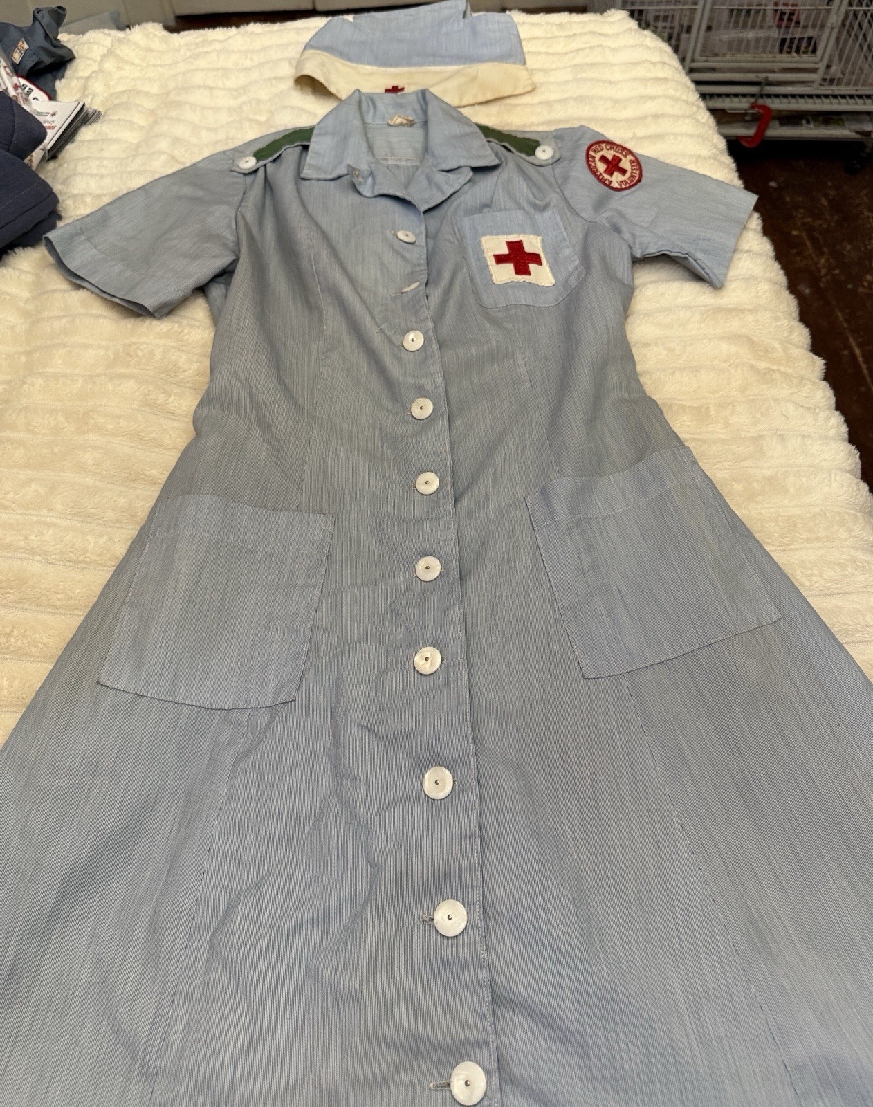 Vintage 1950s American Red Cross Volunteer Uniform Dress & Cap Nurse ARC