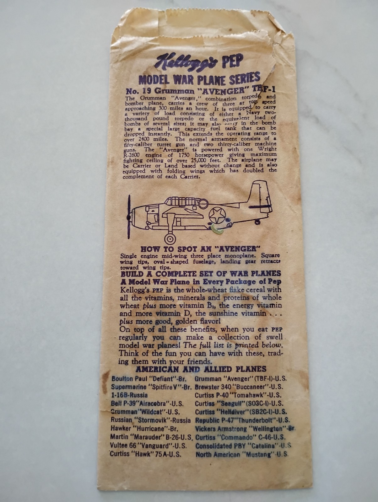 Vintage 1942 WWII Kellogg\'s PEP Premium Model War Plane Series #19 Grumman Aveng