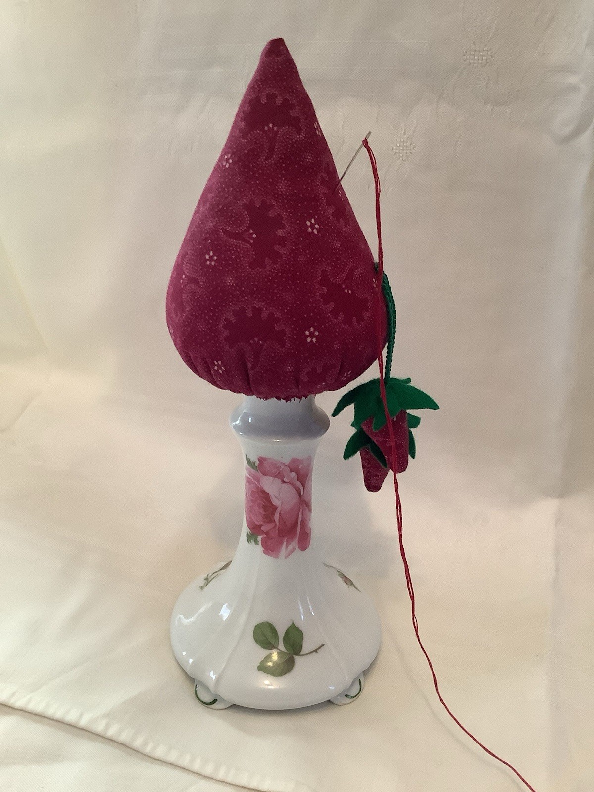Strawberry Pincushion Emery Make Do Porcelain Base With Rose & Buds 11” Tall