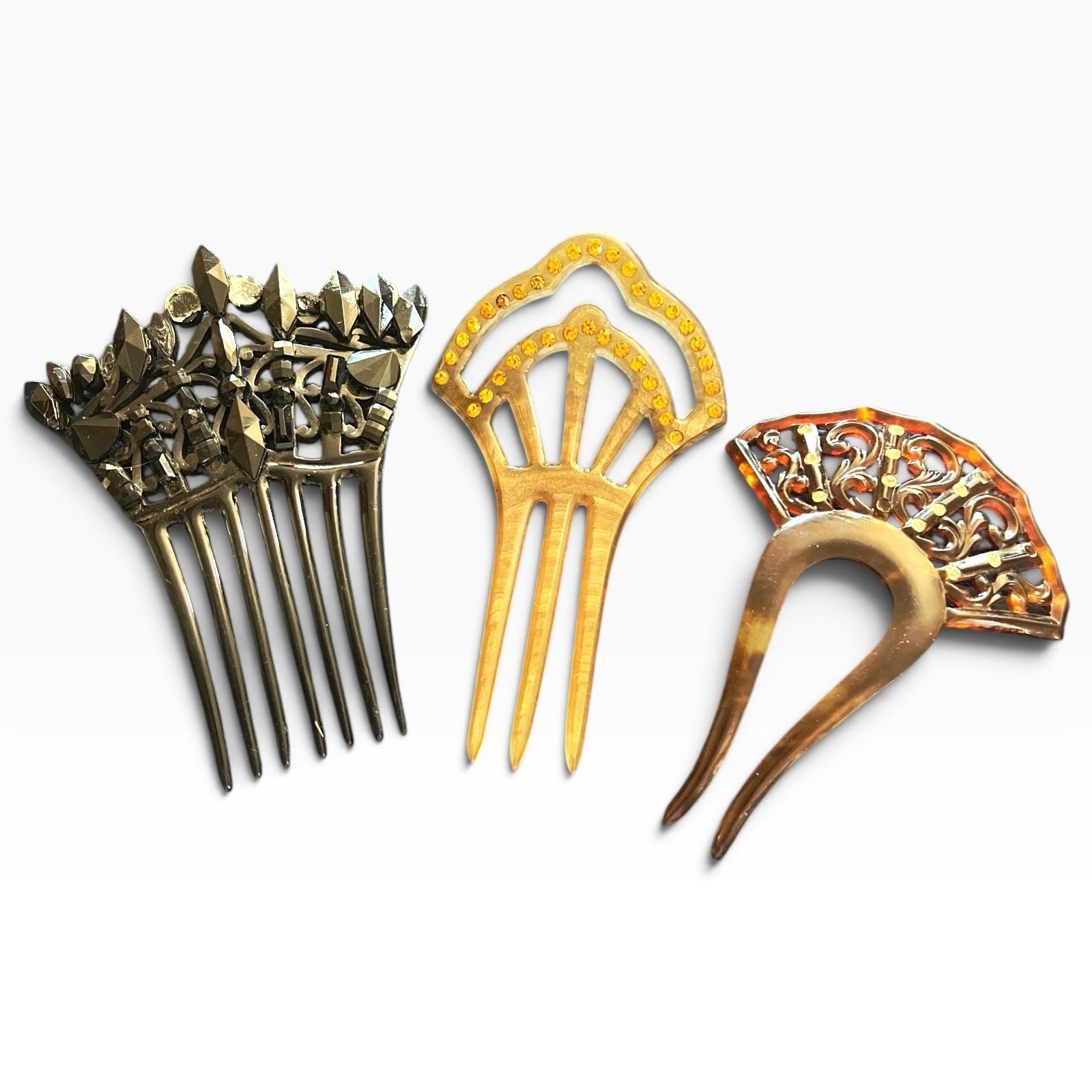 Lot 3 Antique Edwardian Celluloid Hair Combs Rhinestones c1900-1920 Repair