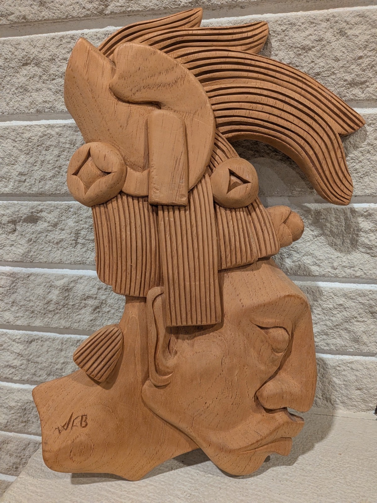 Vintage Mayan King Pakal Wood Carving Plaque Signed Cancun Mexico 1999 Folk Art