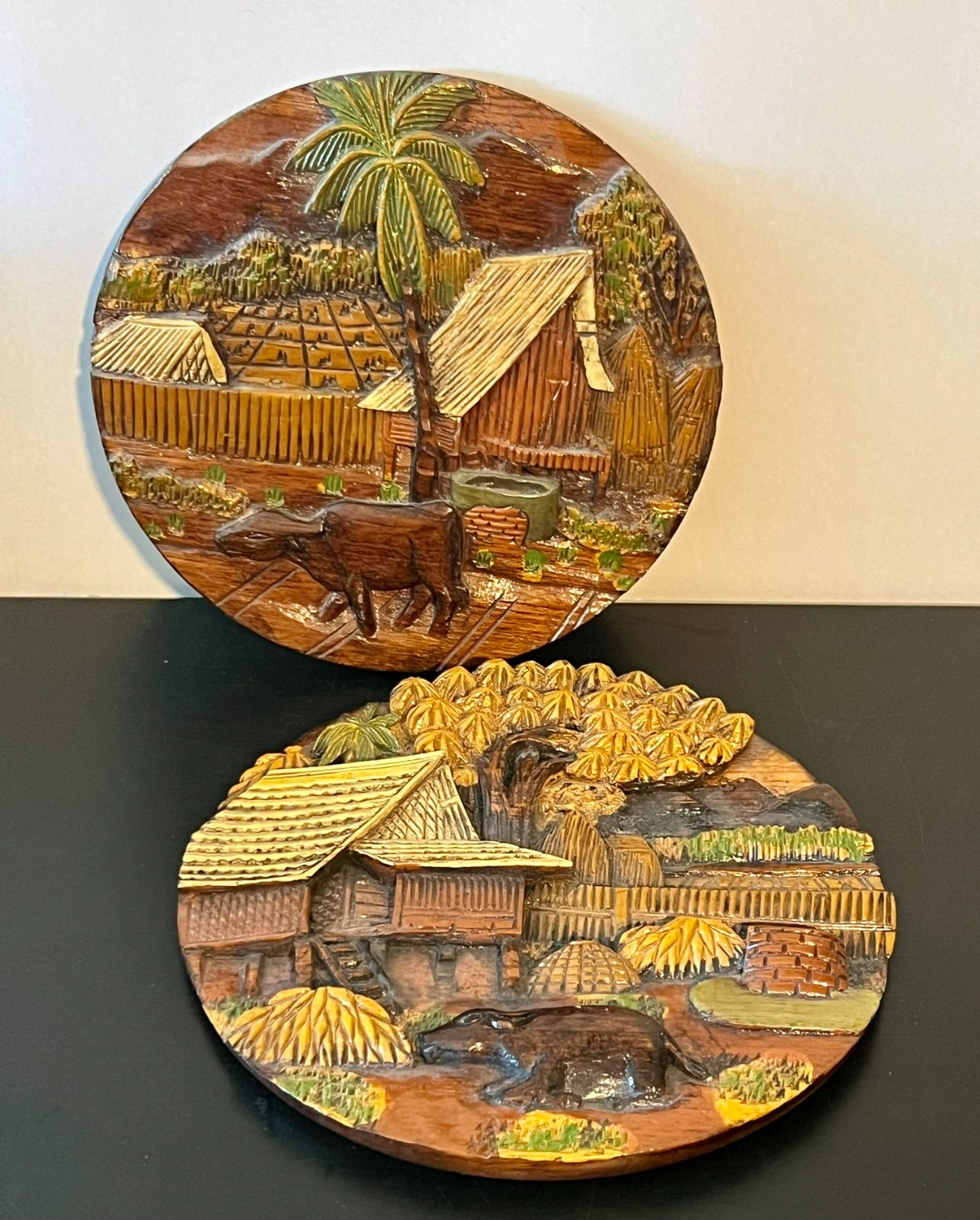 Lot 2 Vintage Thailand Hand Carved & Painted 3D Wood Wall Decor 9.5\