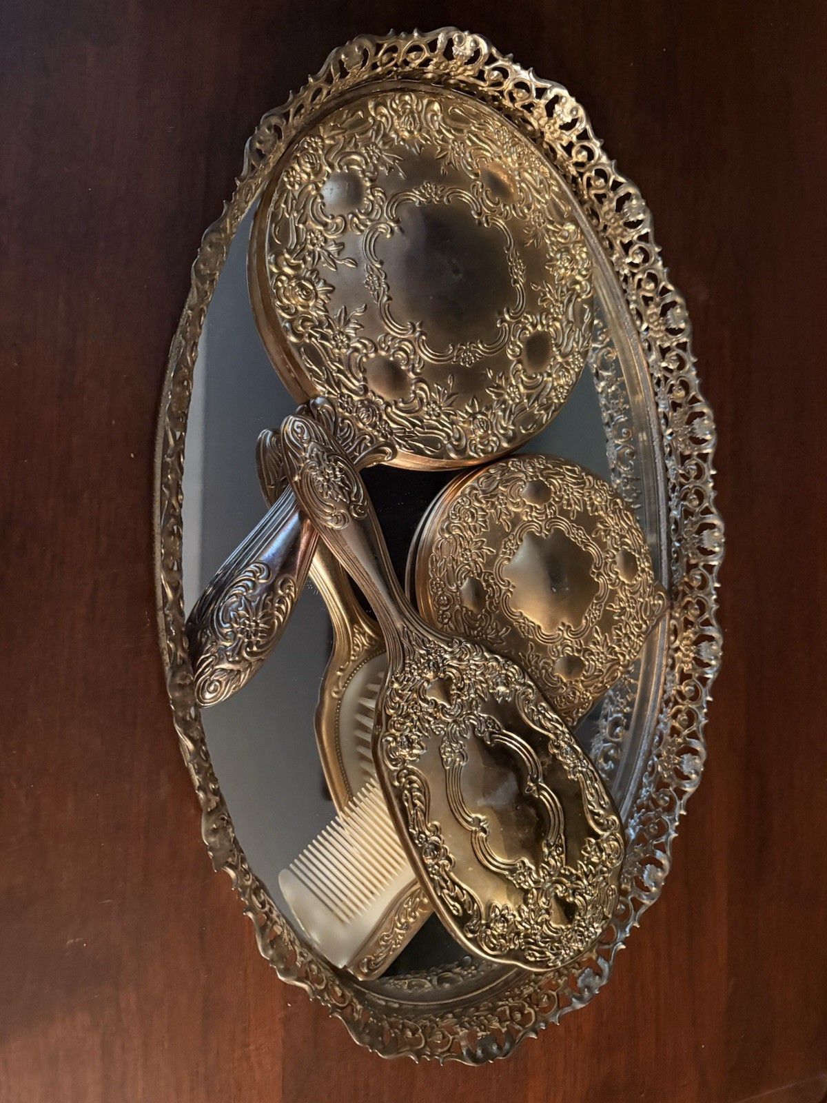 Vintage Ornate Gold-Tone rare Vanity Set w/ Hand Mirror, Brush, Comb & Oval Tray
