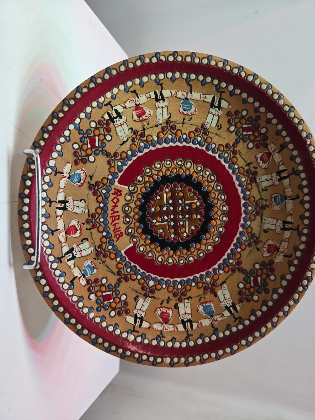Vintage Romanian Folk Art Hand-Carved & Painted Wood Decorative Plate –Arad Coop