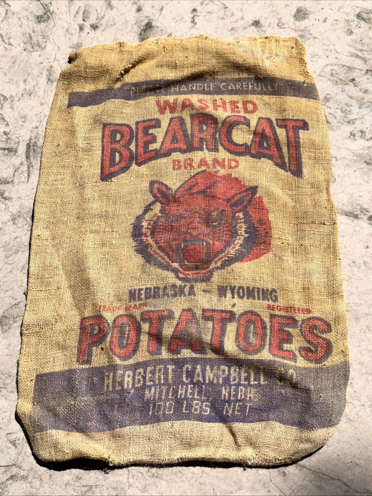 VTG Bearcat Brand Nebraska Potato Burlap Bag 100 lb Gunny Sack Rare Antique htf