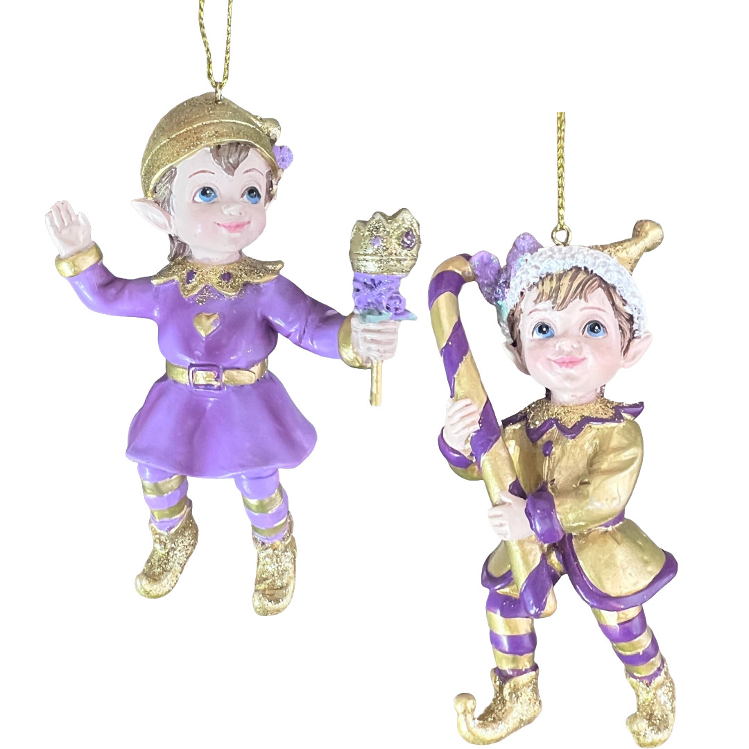 Purple & Gold Elf Ornaments Set 2 Royal Noel Kurt Adler Resin Pixie Jester 4In