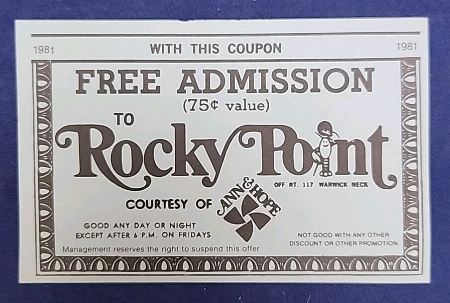 VINTAGE 1981 ROCKY POINT PARK FREE ADMISSION COUPON ANN & HOPE VINTAGE 1981 ROCKY POINT PARK FREE ADMISSION COUPON ANN & HOPE