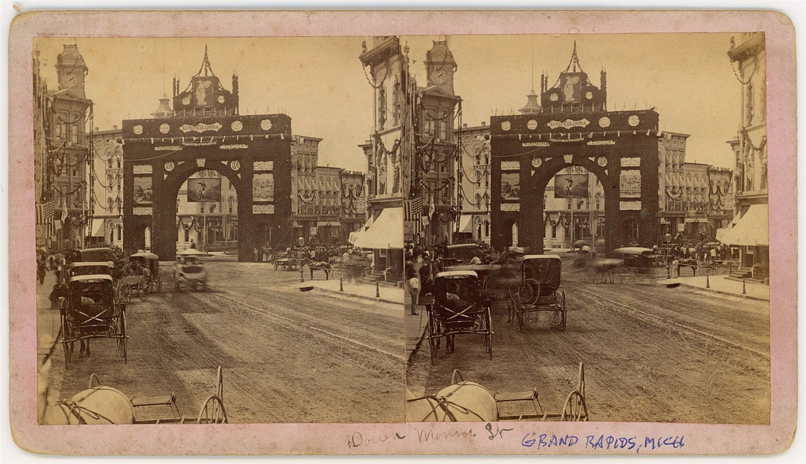 MICHIGAN STEREOVIEW - Grand Rapids - Monroe Street & Arch - 1880s RARE