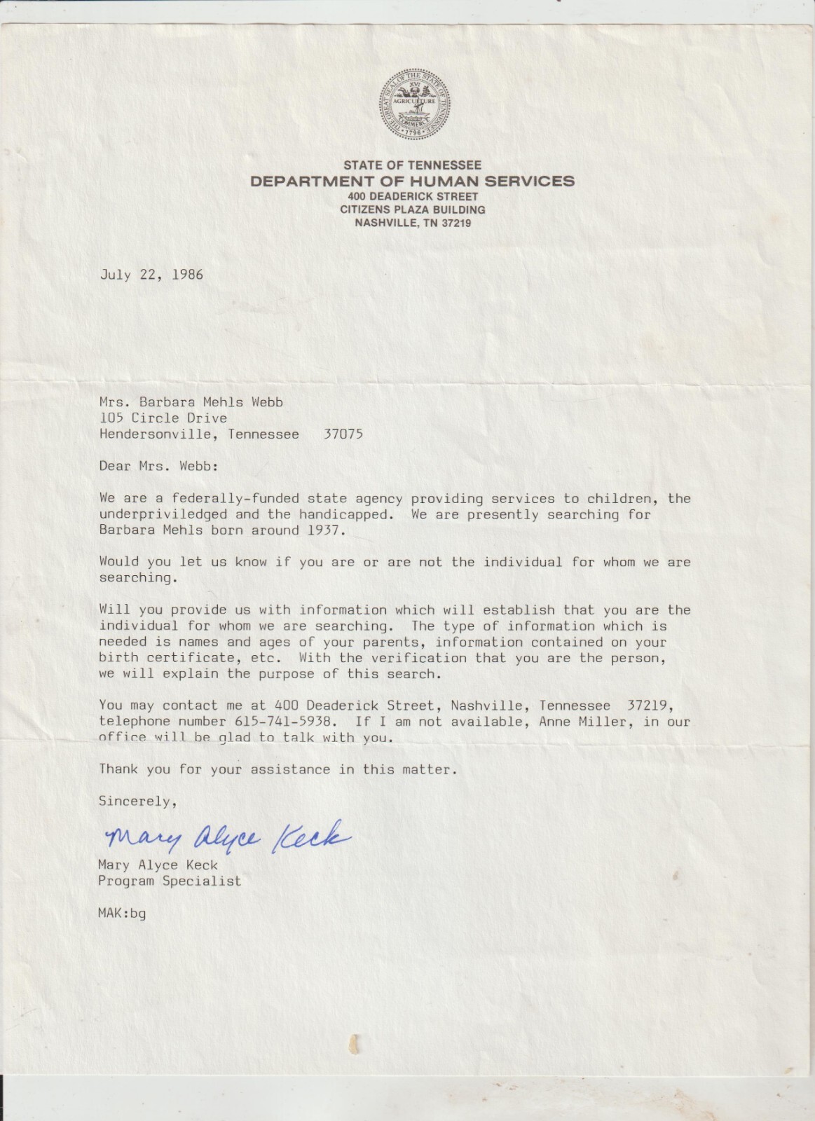 Adoption Search State of Tennessee Papers 1986 Fairy Halbrook 1945