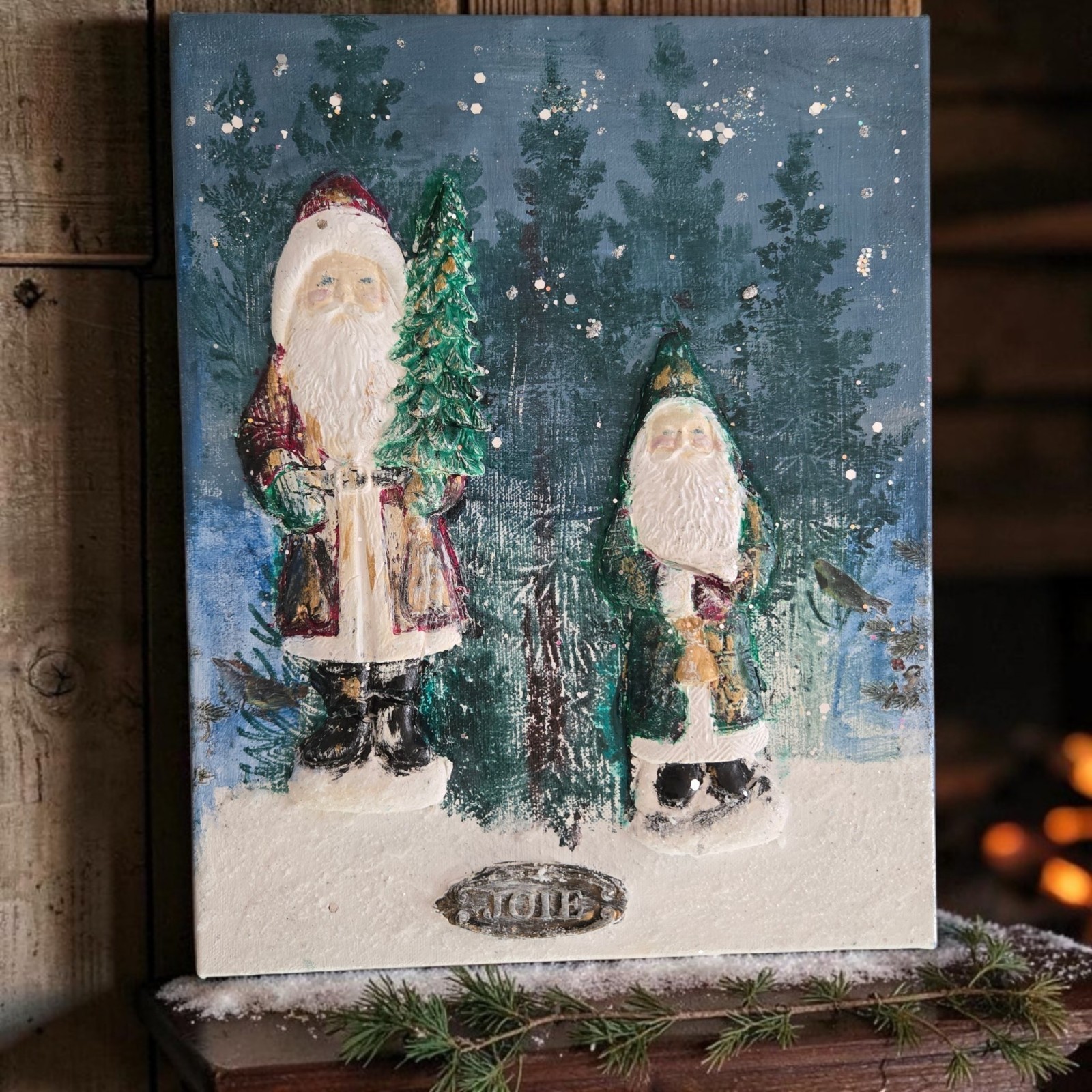 Hand Painted Pair of Santas Wall Art Snowy Hand Distressed Canvas Christmas