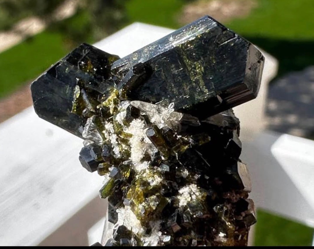 Dark Green Epidote Crystals with Quartz