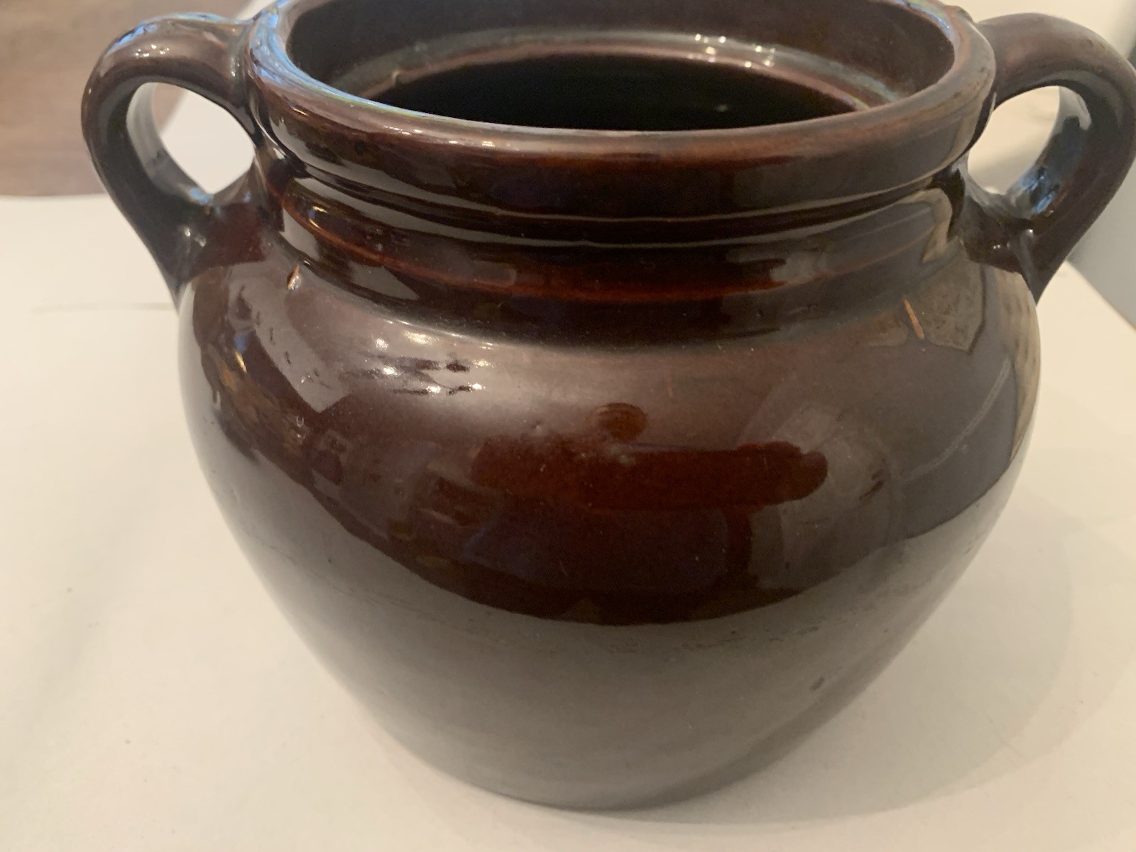 VTG Stoneware Bean Pot With Handles and Lid Brown Glaze USA 6” D