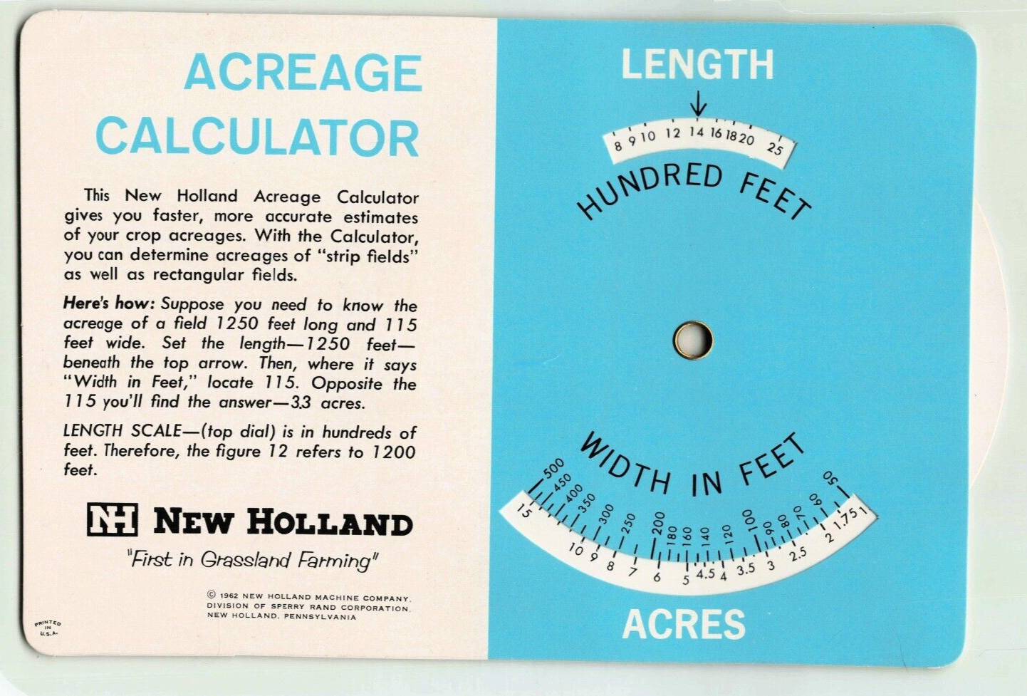 1962 New Holland Machine Company Acreage Calculator New Holland Pennsylvania