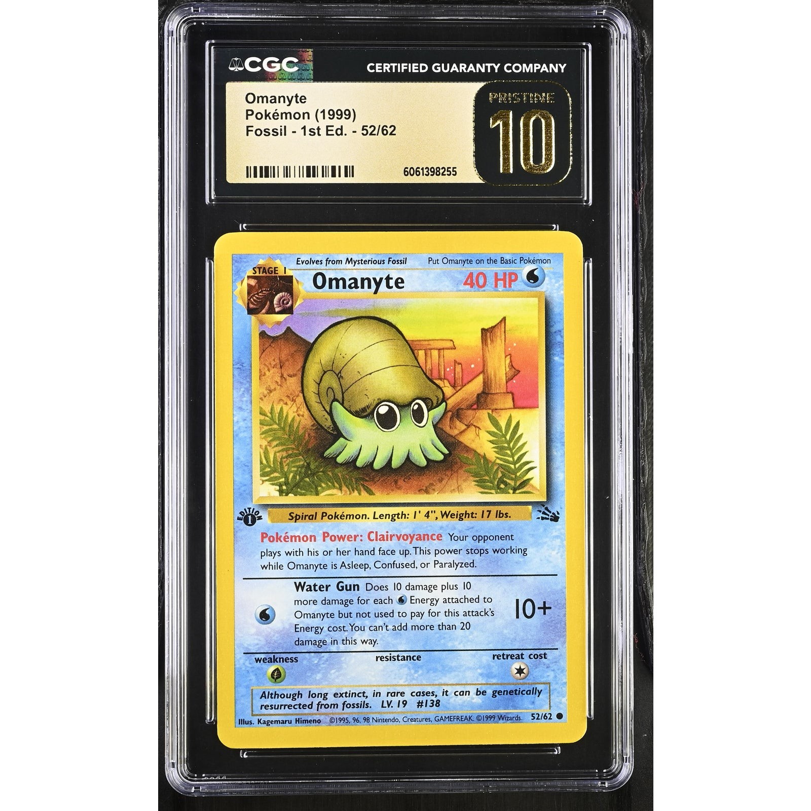 CGC 10 PRISTINE Omanyte 1st Edition 52/62 Pokémon 1999 Fossil Common Graded Card CGC 10 PRISTINE Omanyte 1st Edition 52/62 Pokémon 1999 Fossil Common Graded Card