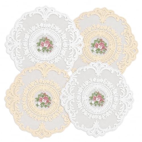4 Pcs Vintage French Lace Doilies, Embroidered Placemats for White & Khaki Lace