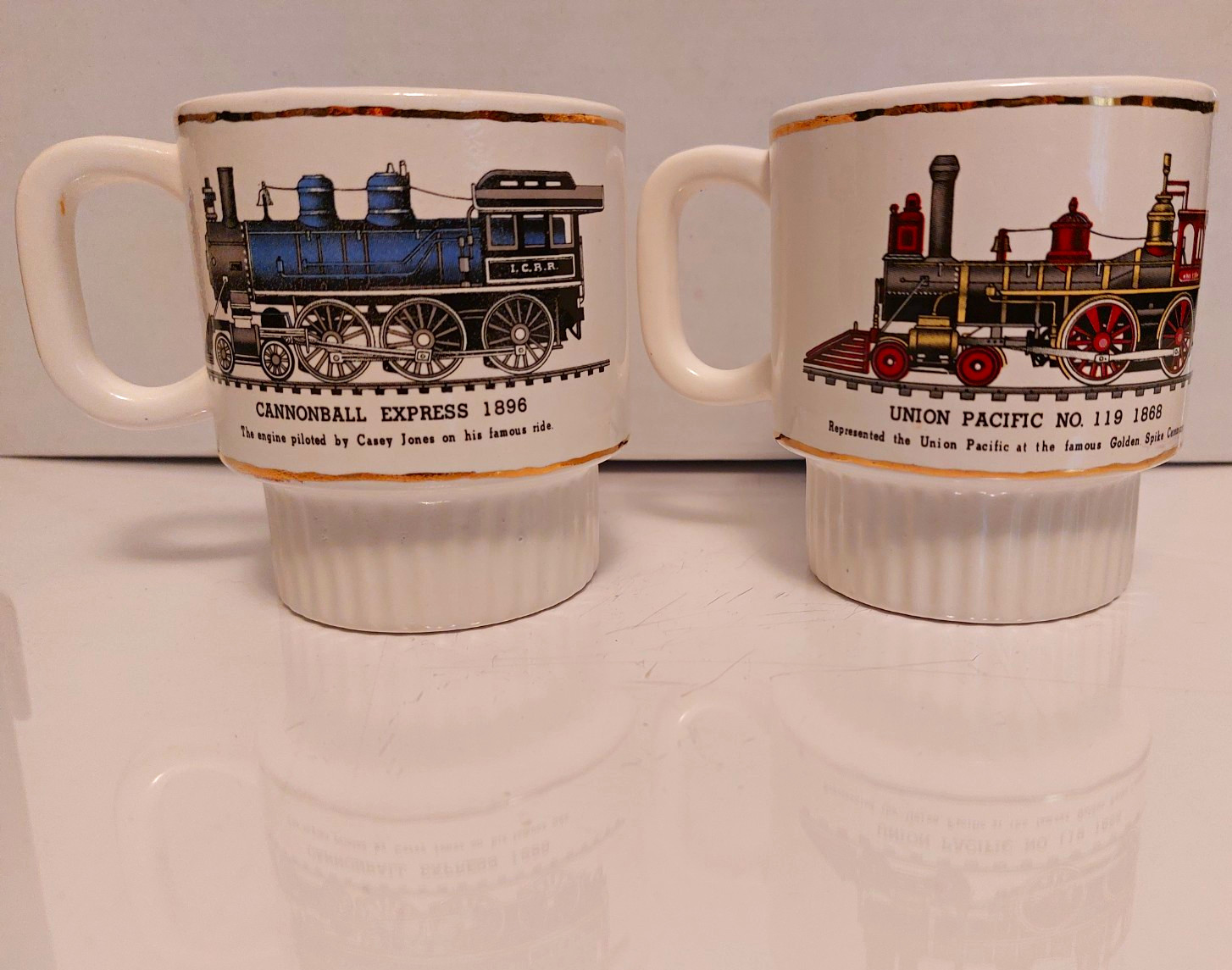 Set of 2 Gold Trim Train Mugs Cannonball Express 1896 Union Pacific 1868