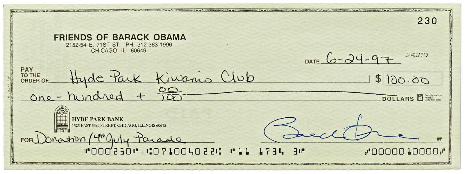 Barack Obama Check Signed from the 