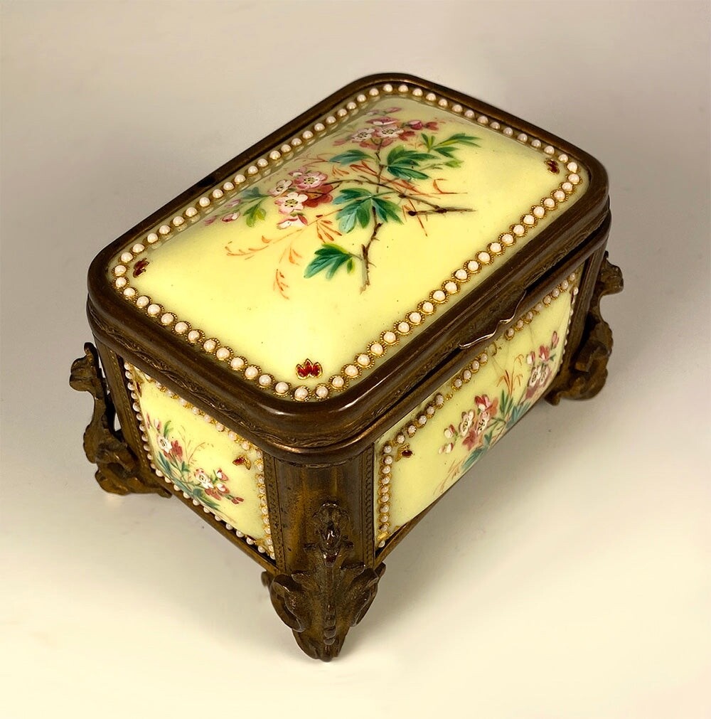 Antique French Kiln-fired Enamel Jewelry Box, Casket in Sevres or Bresse Enamel