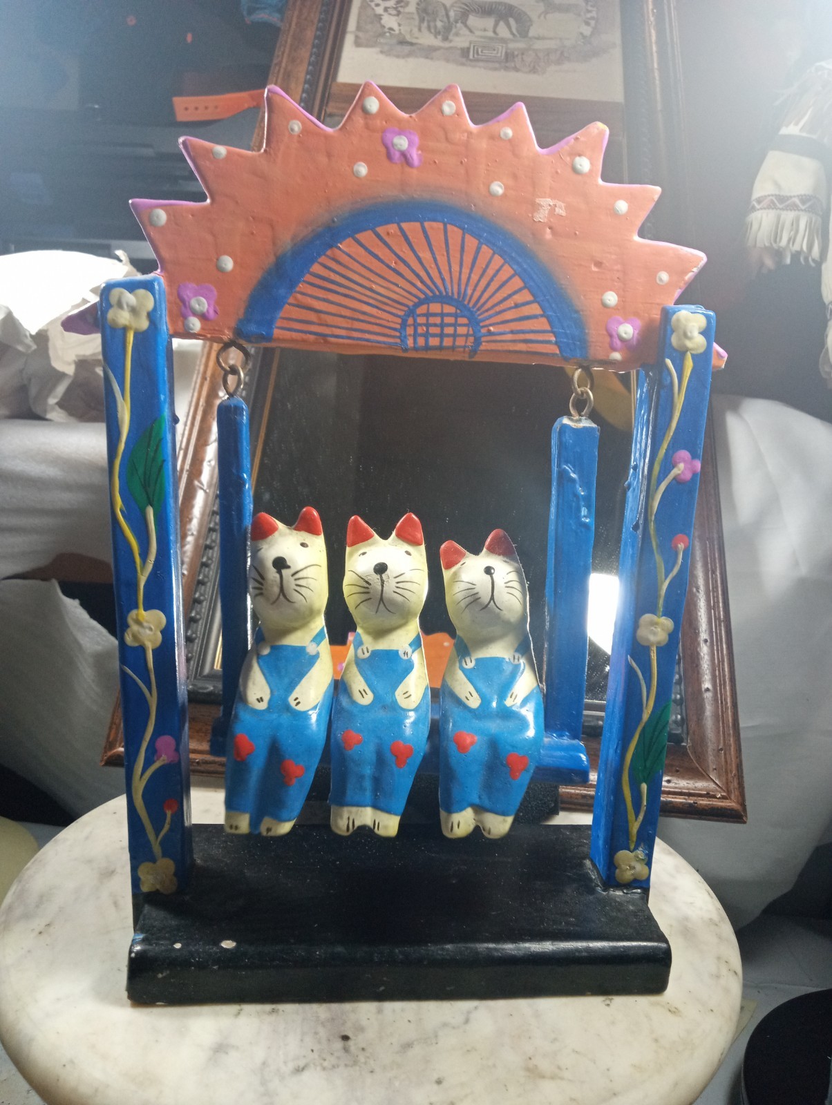 Rare Folk Art Cats, Wooden, Hand Carved and Painted, On the Swing, 10\